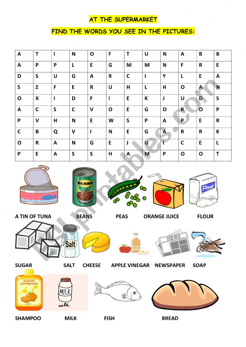 AT THE SUPERMARKET - EASY WORDSEARCH ACTIVITY + KEY