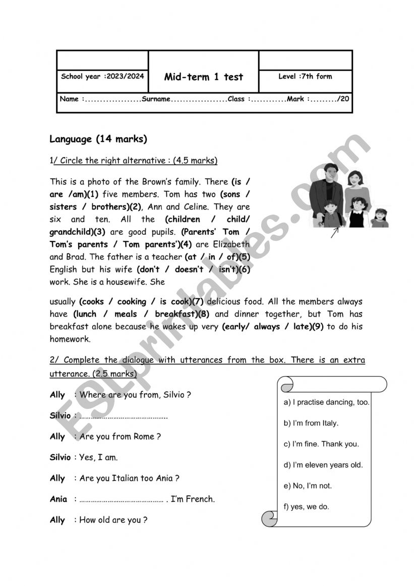 mid-term 1 test 7th form worksheet