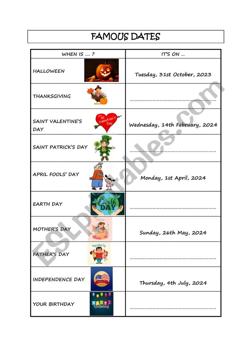 Pair Work on dates in English worksheet