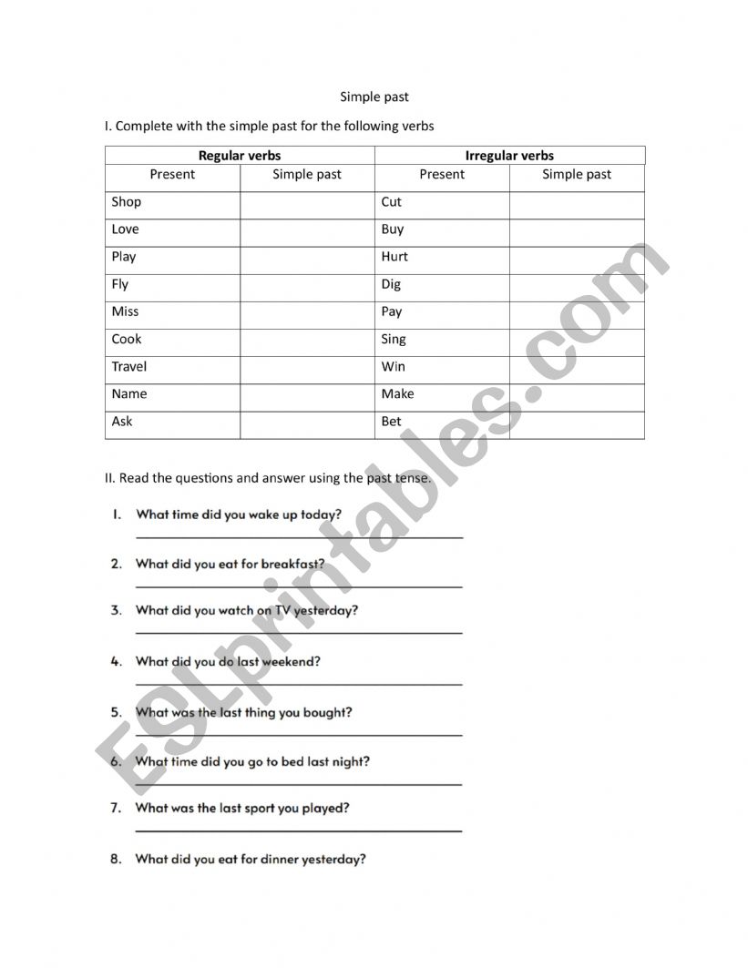 Past simple exercise worksheet