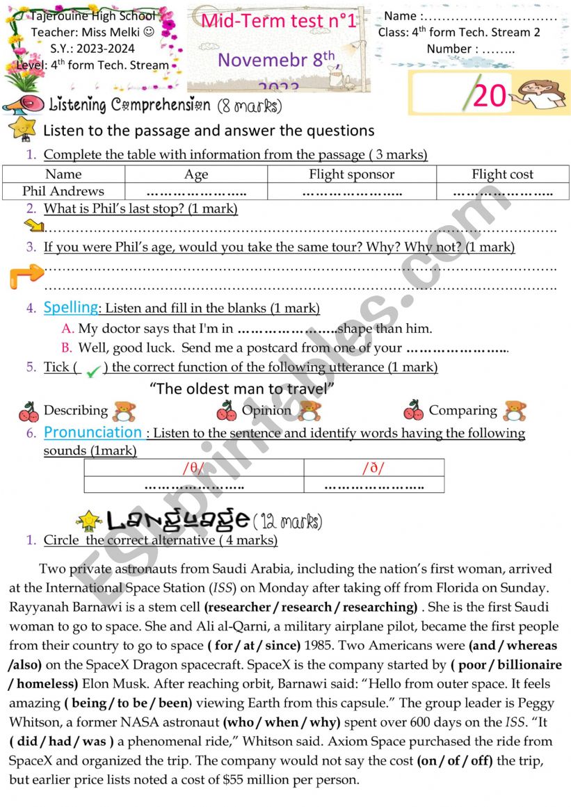 Mid term test 1 for 4th form Tech stream