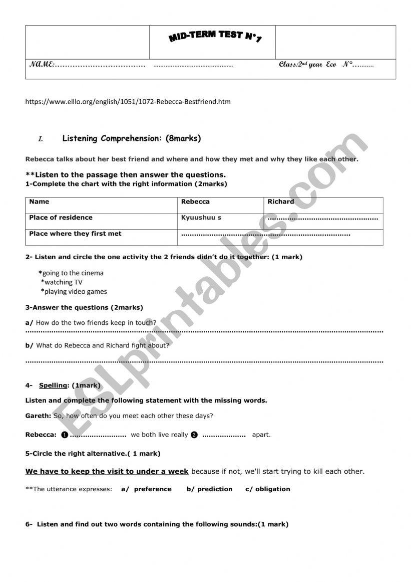 mid term test 1 2nf form eco  worksheet