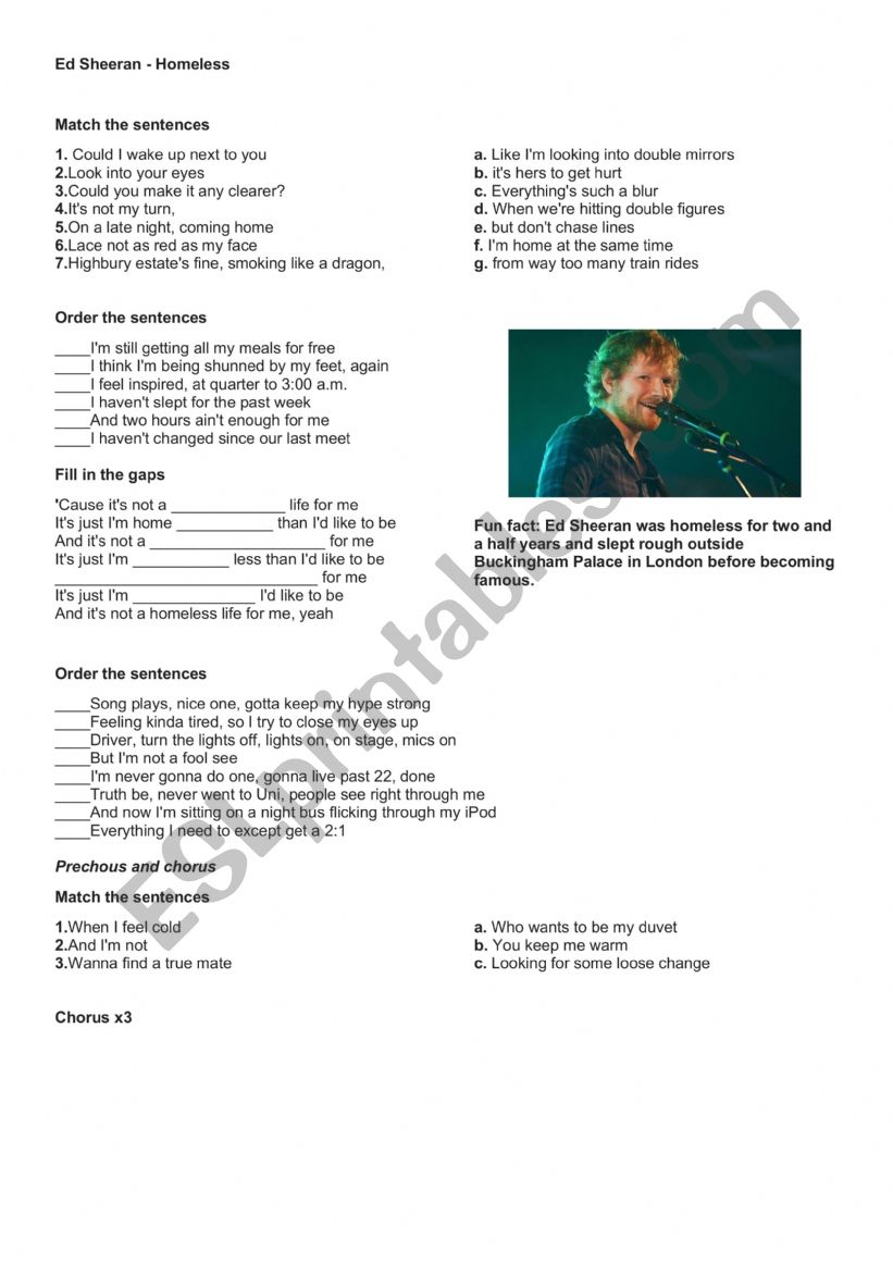 Ed Sheeran - Homeless Worksheet