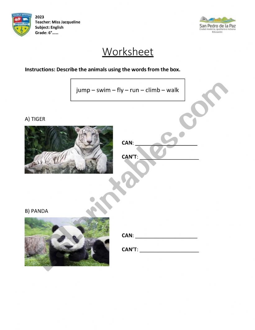 Animals: Can or cant do worksheet
