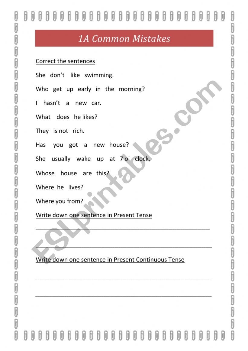 Common Writing Mistakes worksheet