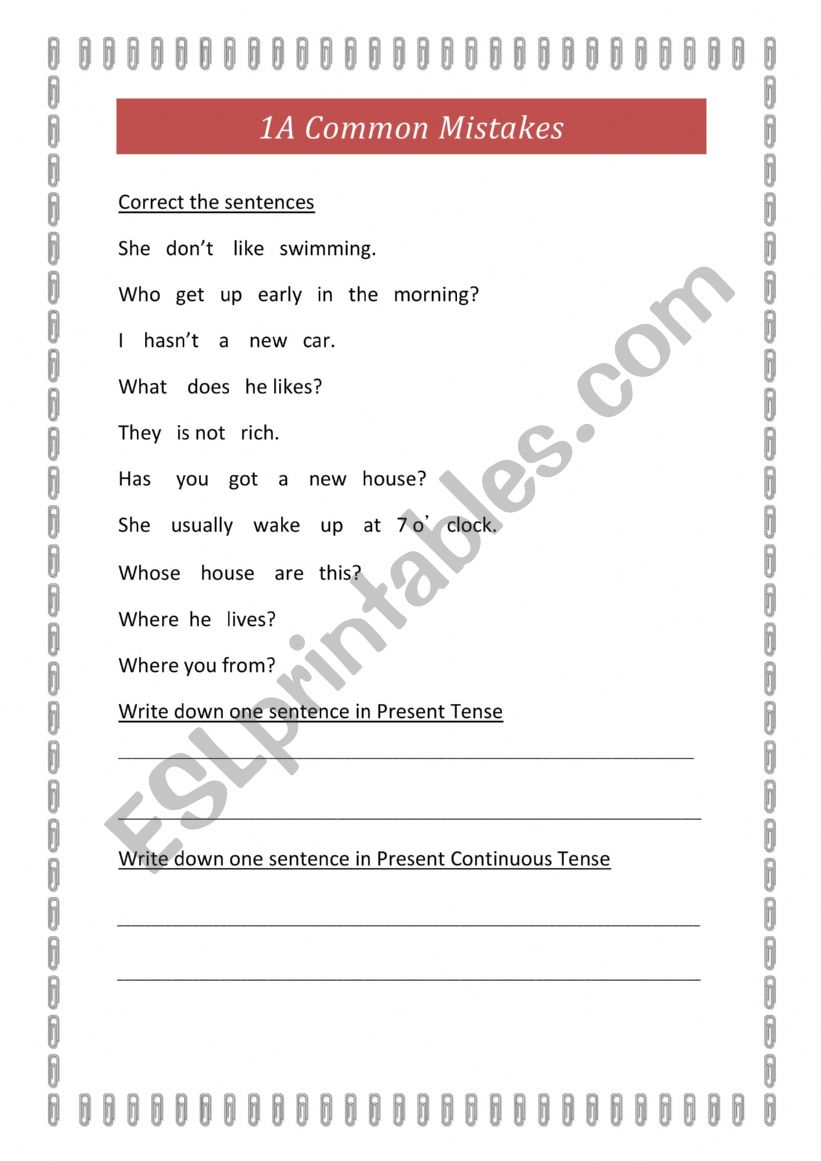 Common Writing Mistakes worksheet