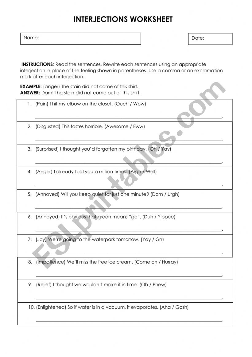 Interjection Worksheet worksheet