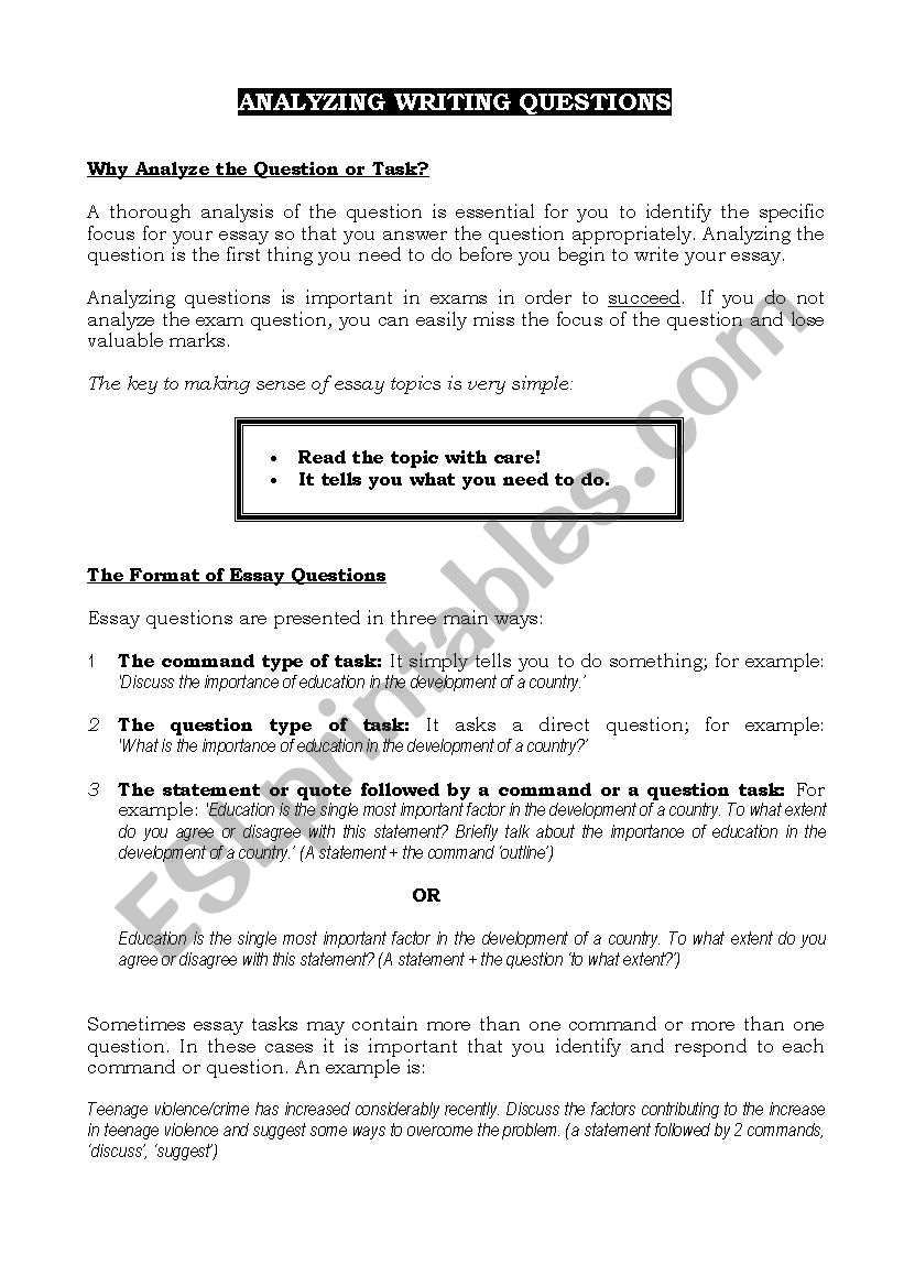 Analysing Writing Questions worksheet