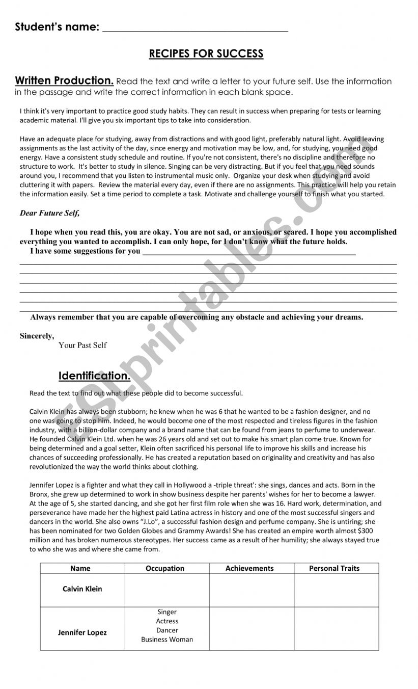 Recipes for Success worksheet