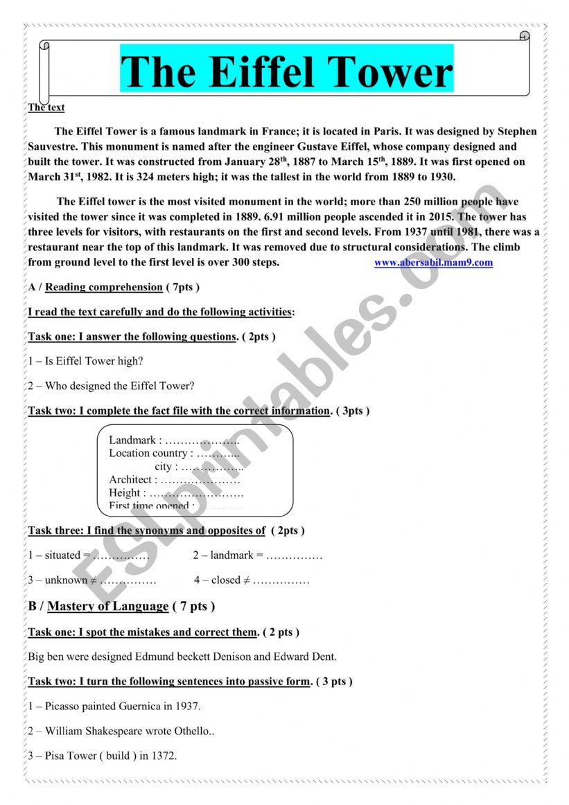 famous landmark  worksheet