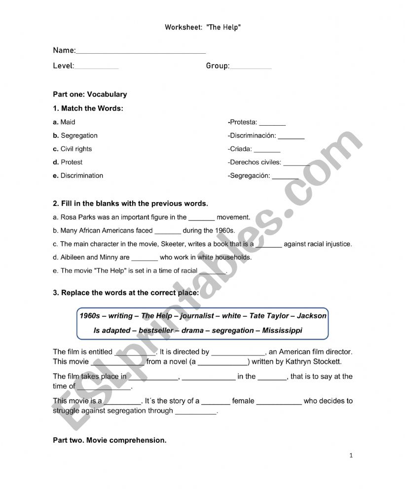 The Help movie worksheet worksheet