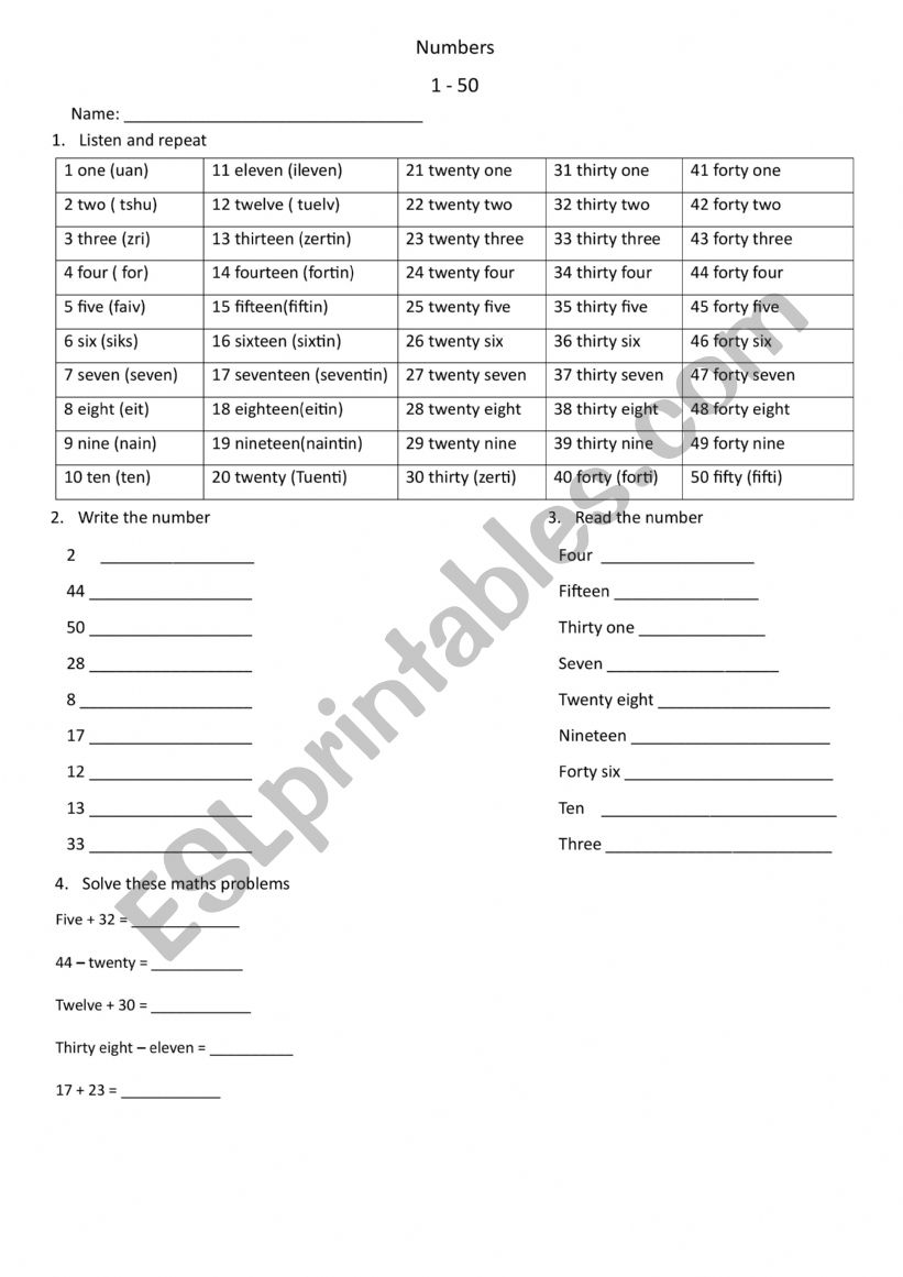 Numbers 1 to 50 worksheet