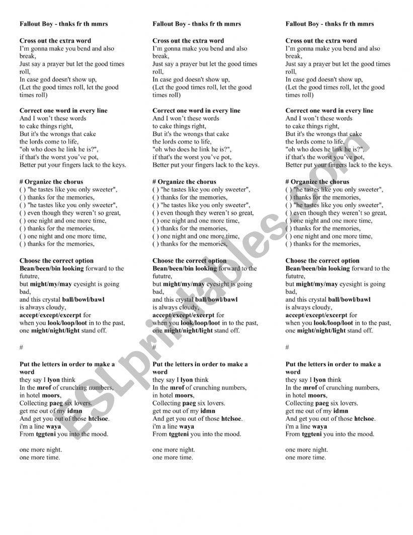 Thanks for the memories song activity