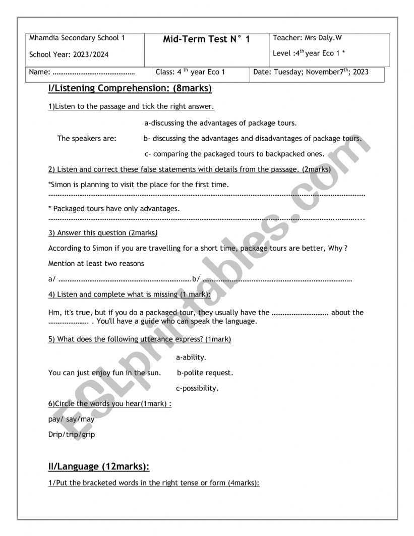 mid -term test 1 worksheet