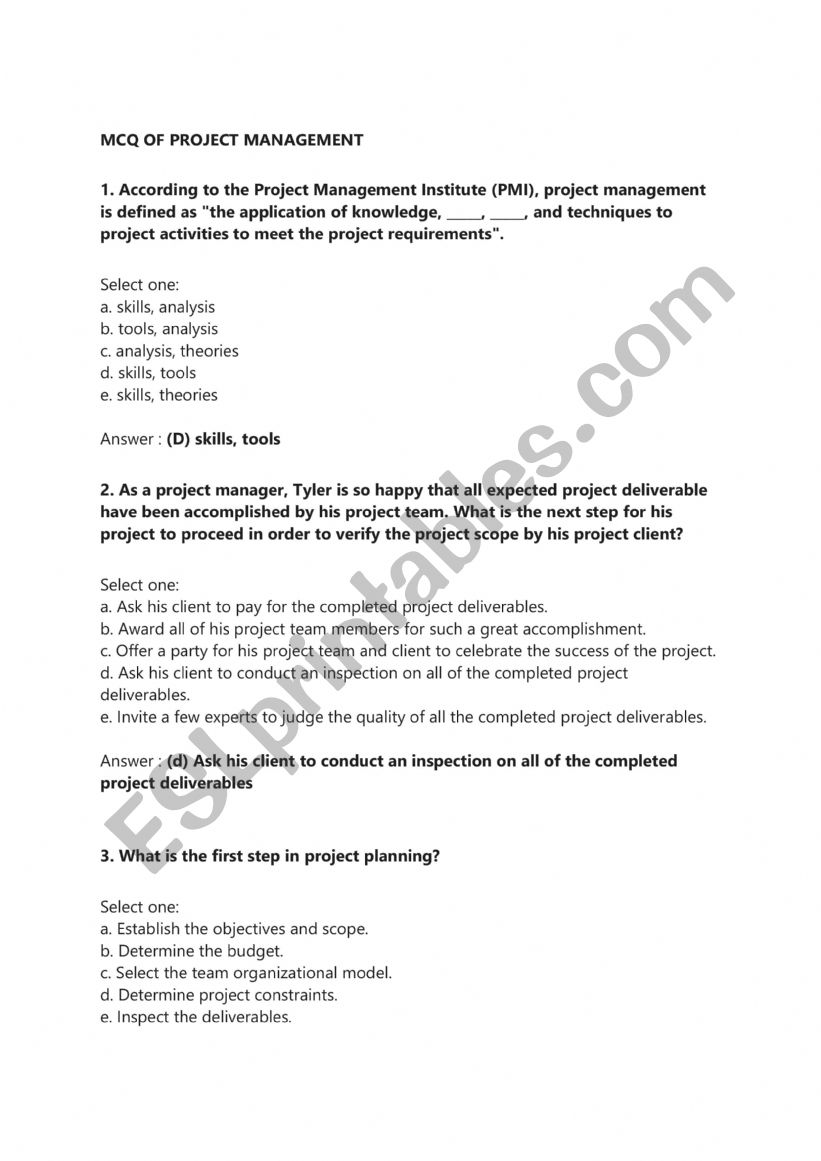 MCQ - Project Management worksheet