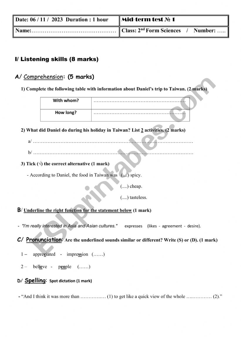 Mid term test 2nd form worksheet