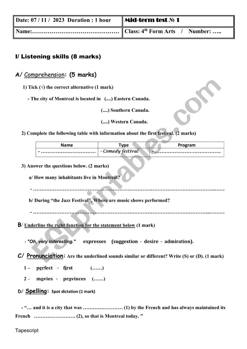 listening test 4th form worksheet