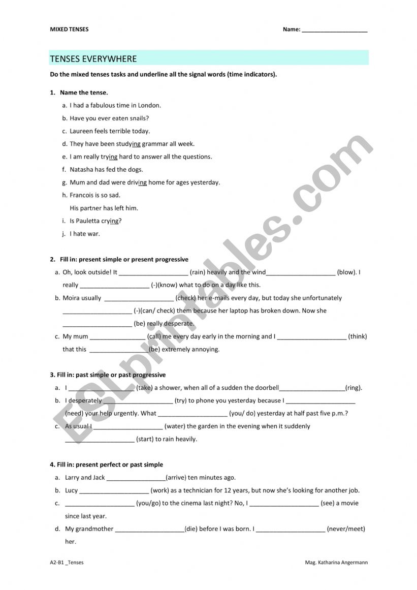 B1 Mixed Tenses worksheet
