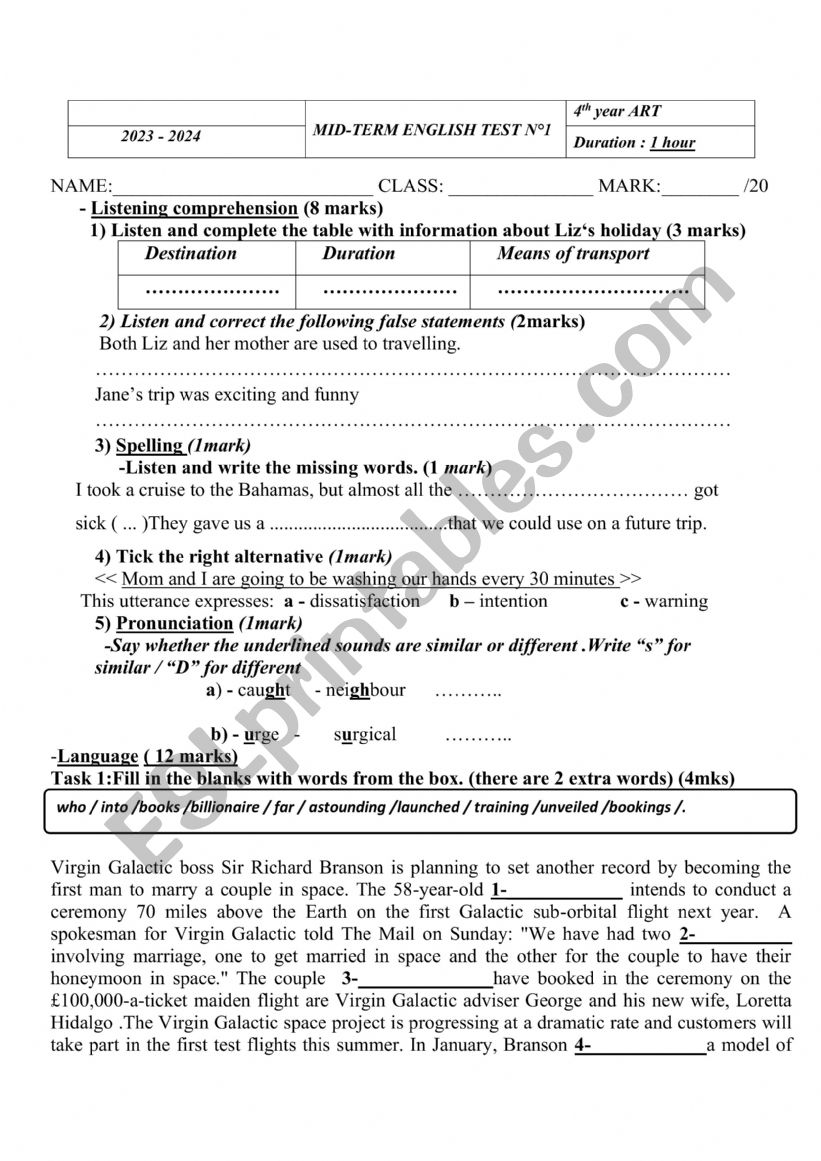 4th form mid term test n1 worksheet