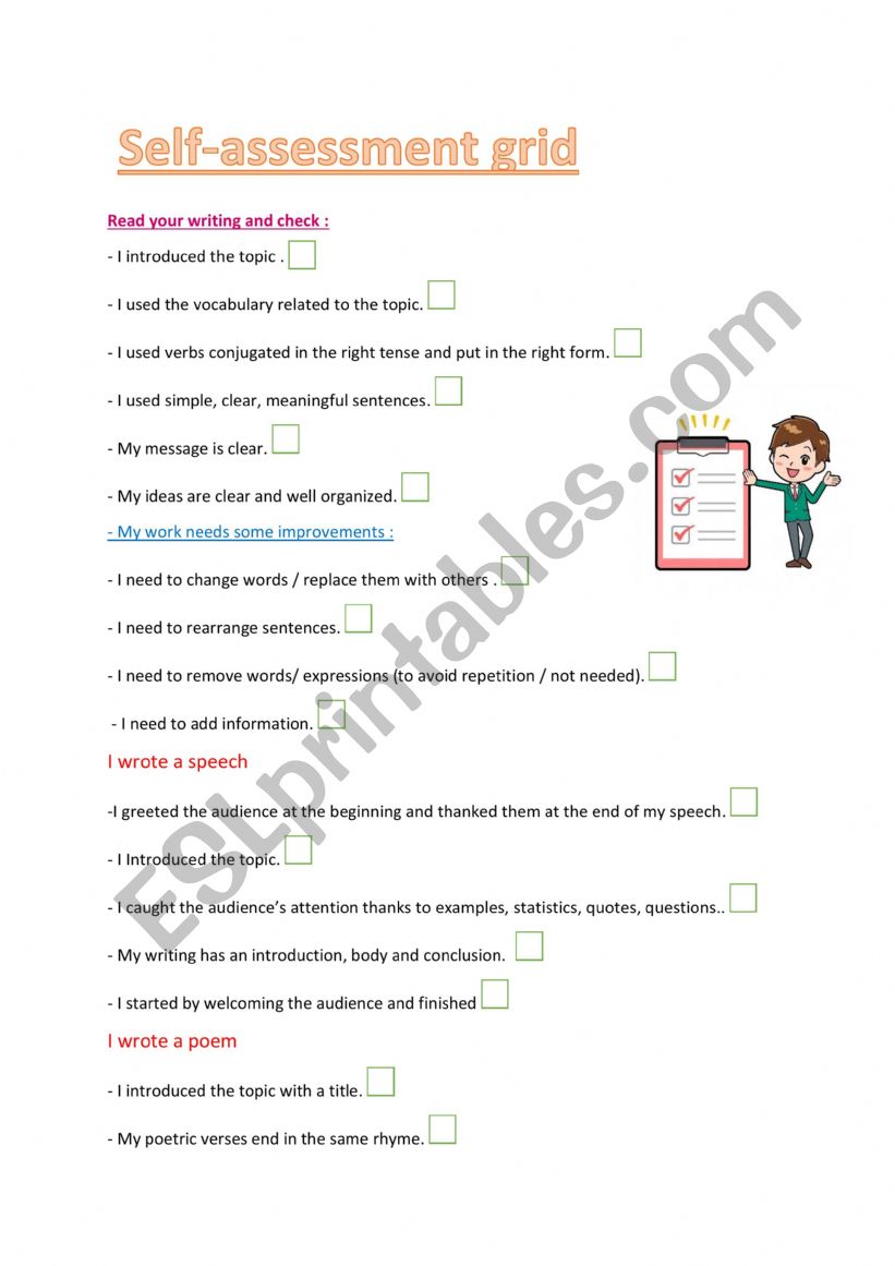 Self-assessment grid  worksheet
