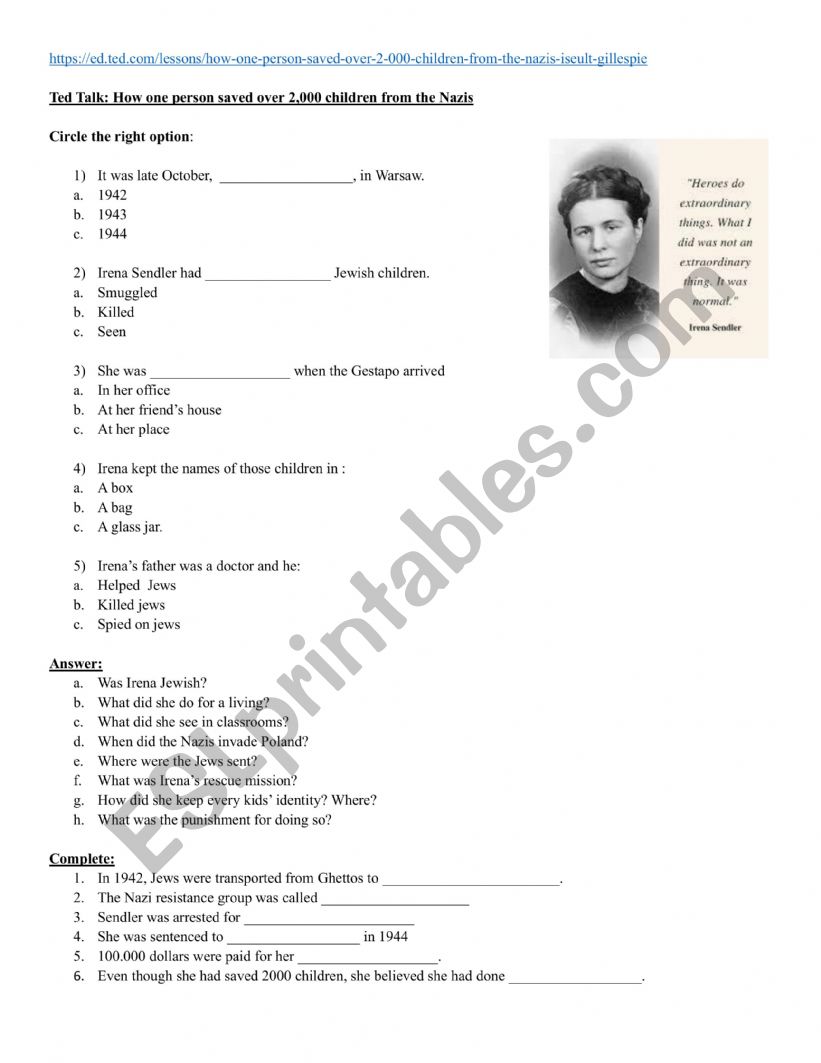 Ted Talk on Irena Sendler  worksheet