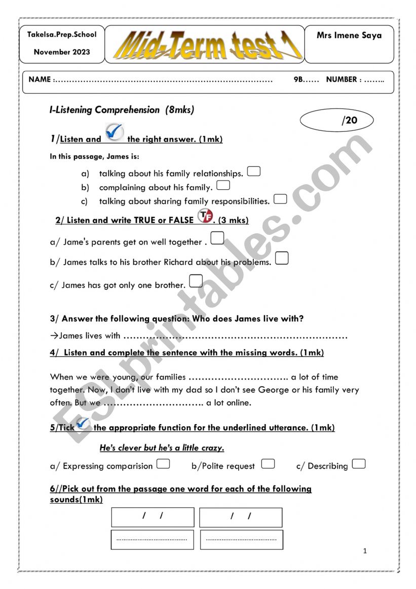 Mid-Term Test N°1 9th form Tunisia - ESL worksheet by imene89
