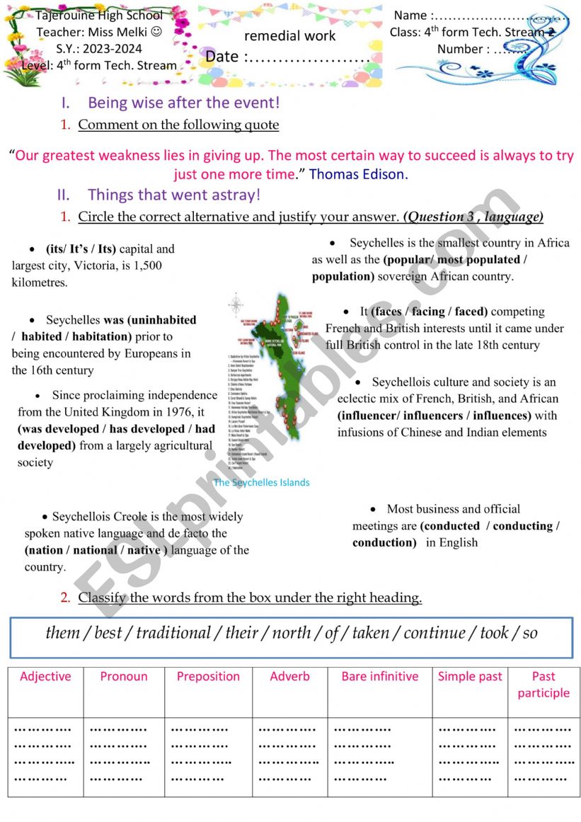 Remedial work 4th form worksheet