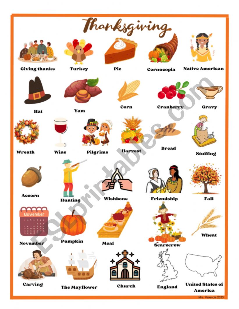 Thanksgiving pictionary worksheet