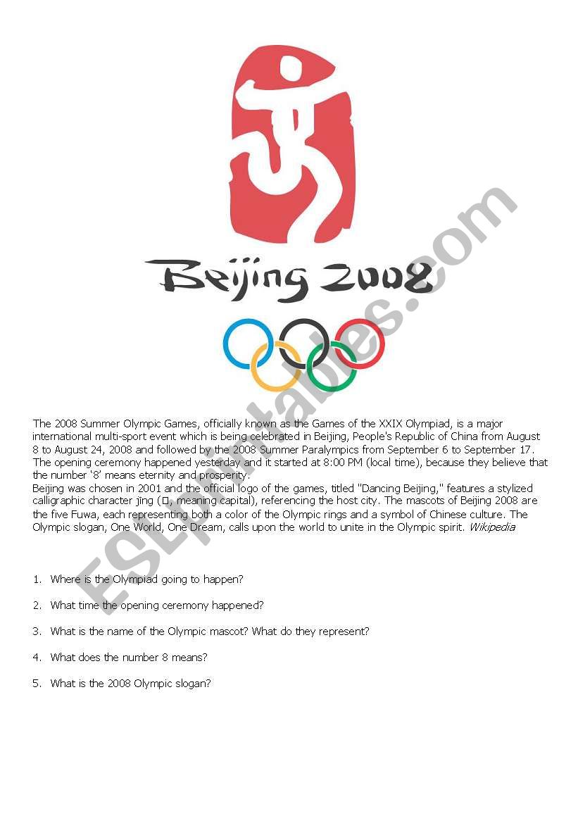 Beijing Olympics Exercise worksheet