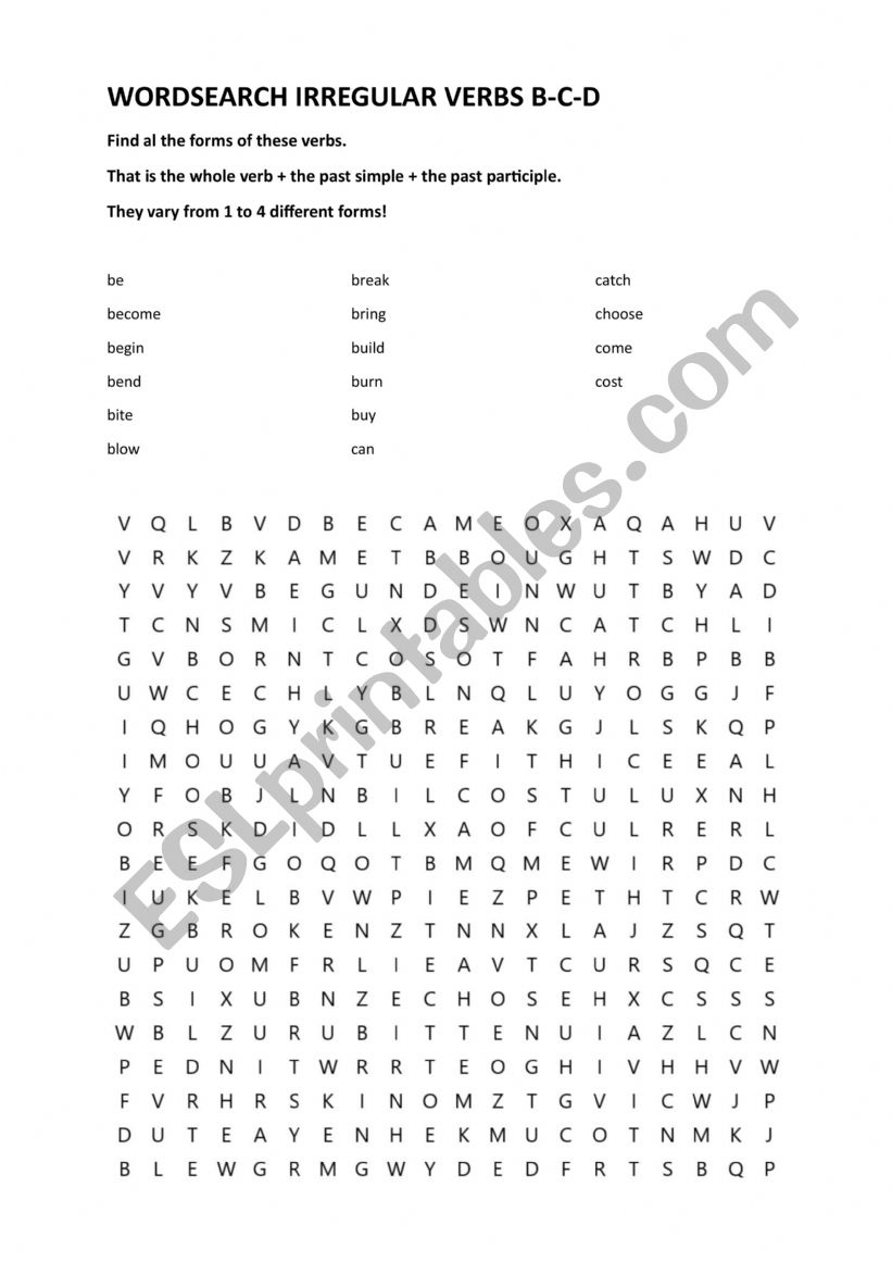 Irregular verbs wordseach BCD worksheet