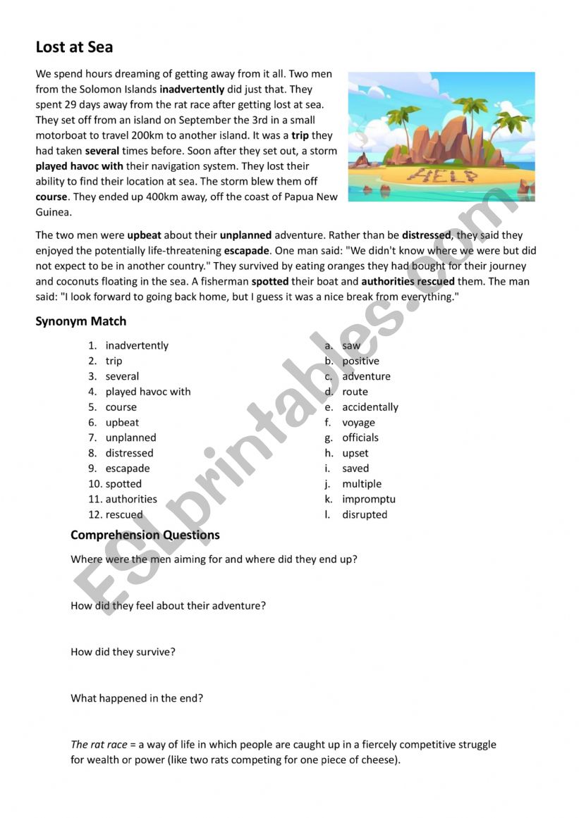 Lost at Sea Comprehension Text Worksheet