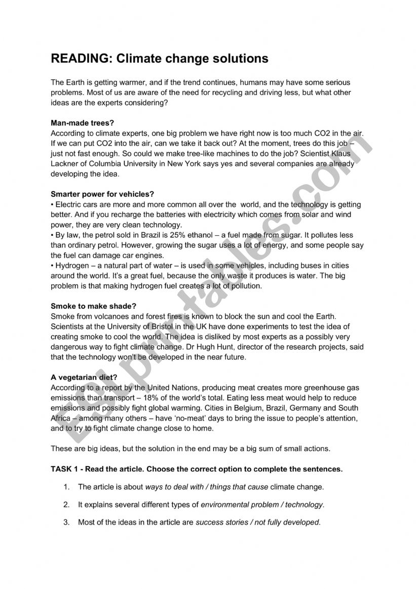 Reading - Climate Change worksheet