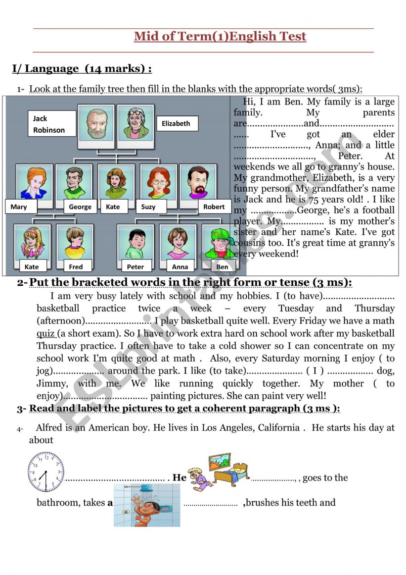 Mid term test 1 7th form worksheet