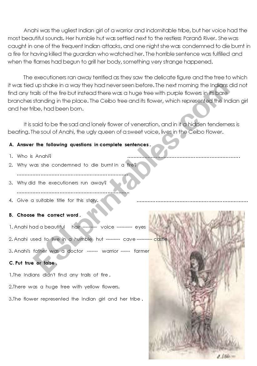 anahi the ugliest indian girl worksheet