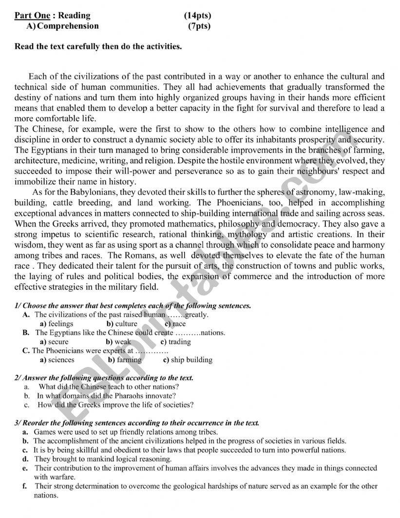 Ancient civilization exam  worksheet