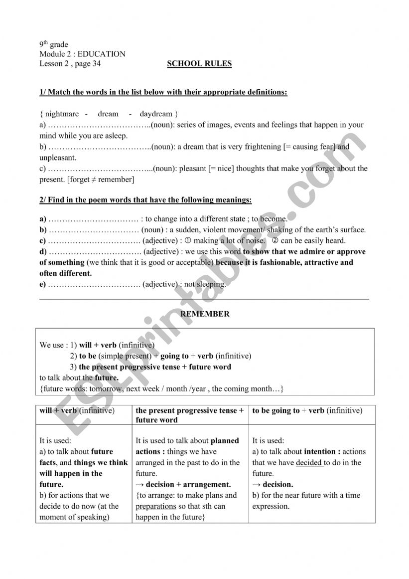 School Rules, L2, M2 worksheet