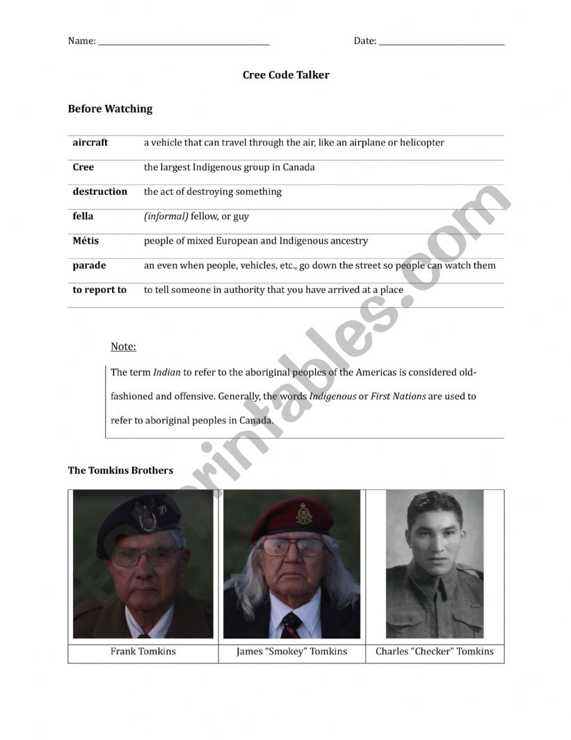 Cree Code Talker - worksheet worksheet