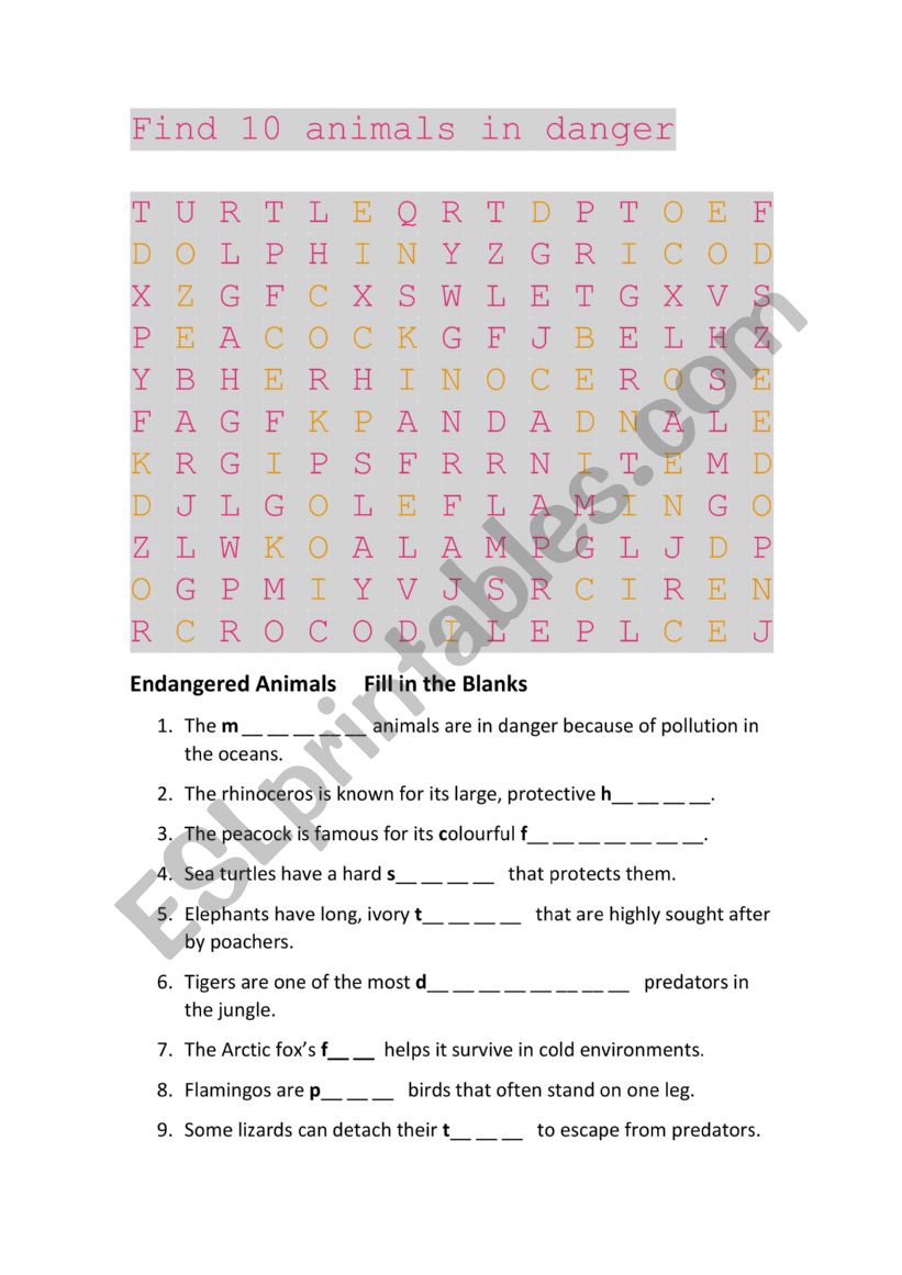 Animals in danger, crossword, fill in the blanks