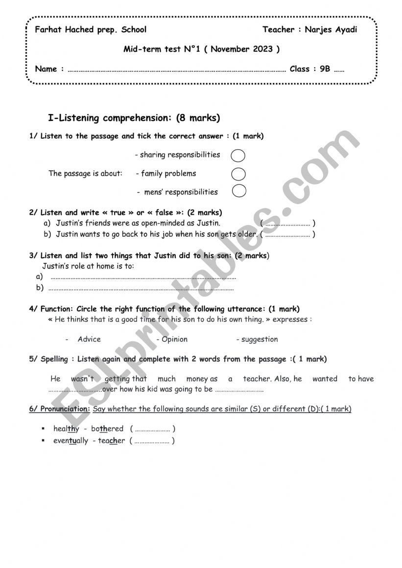 mid term test N°1 for 9th form pupils - ESL worksheet by majdoub