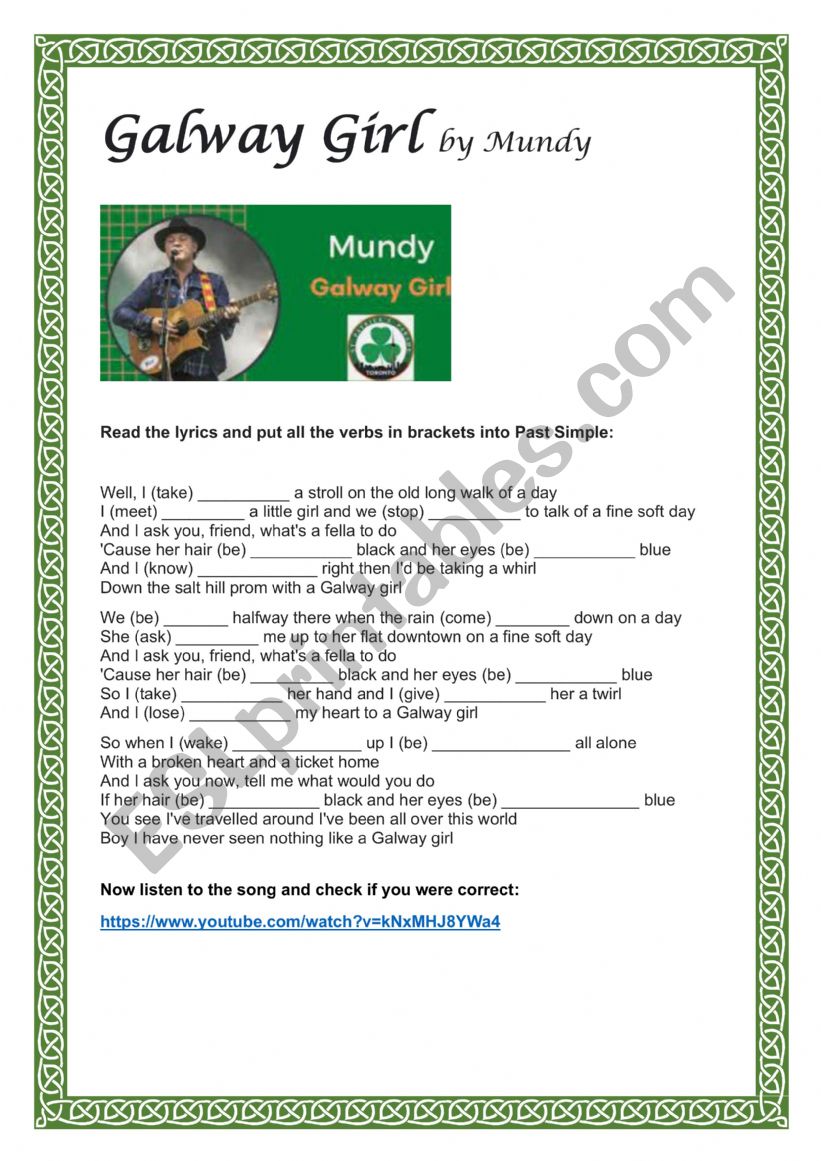 Galway Girl song by Mundy  worksheet