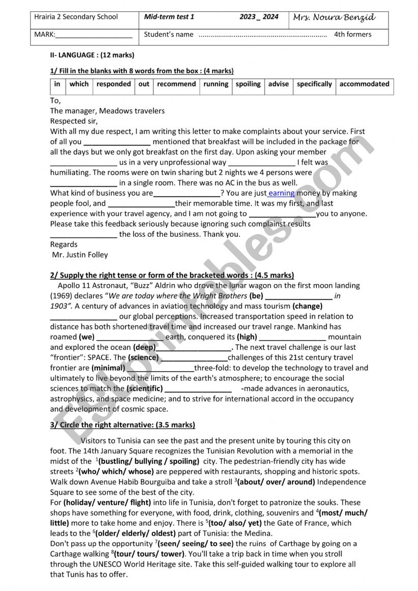 Bac mid term test 1 worksheet