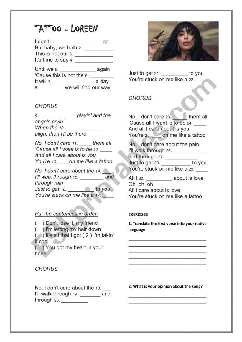 Tattoo - song class worksheet