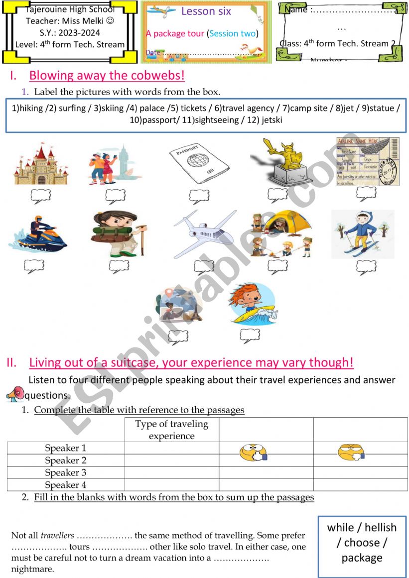 Package tour (2) for 4th form worksheet