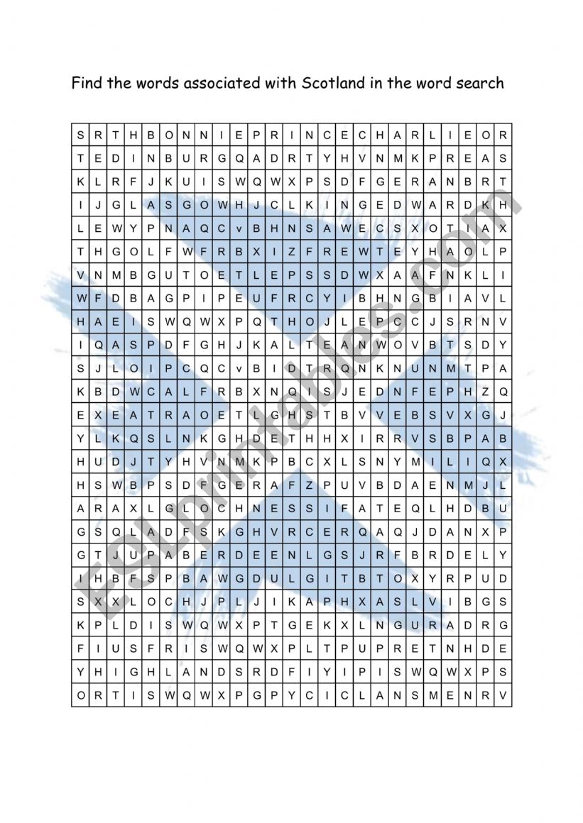 Word search Scotland worksheet