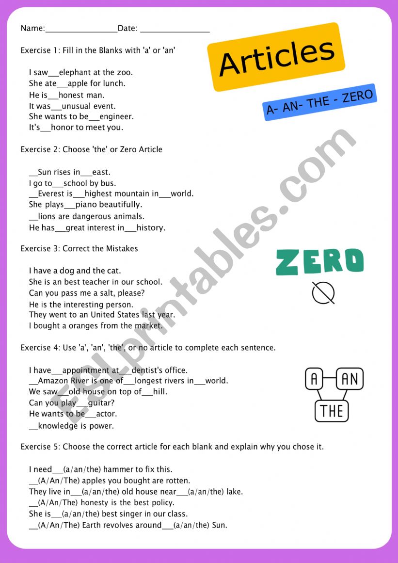 Articles worksheet