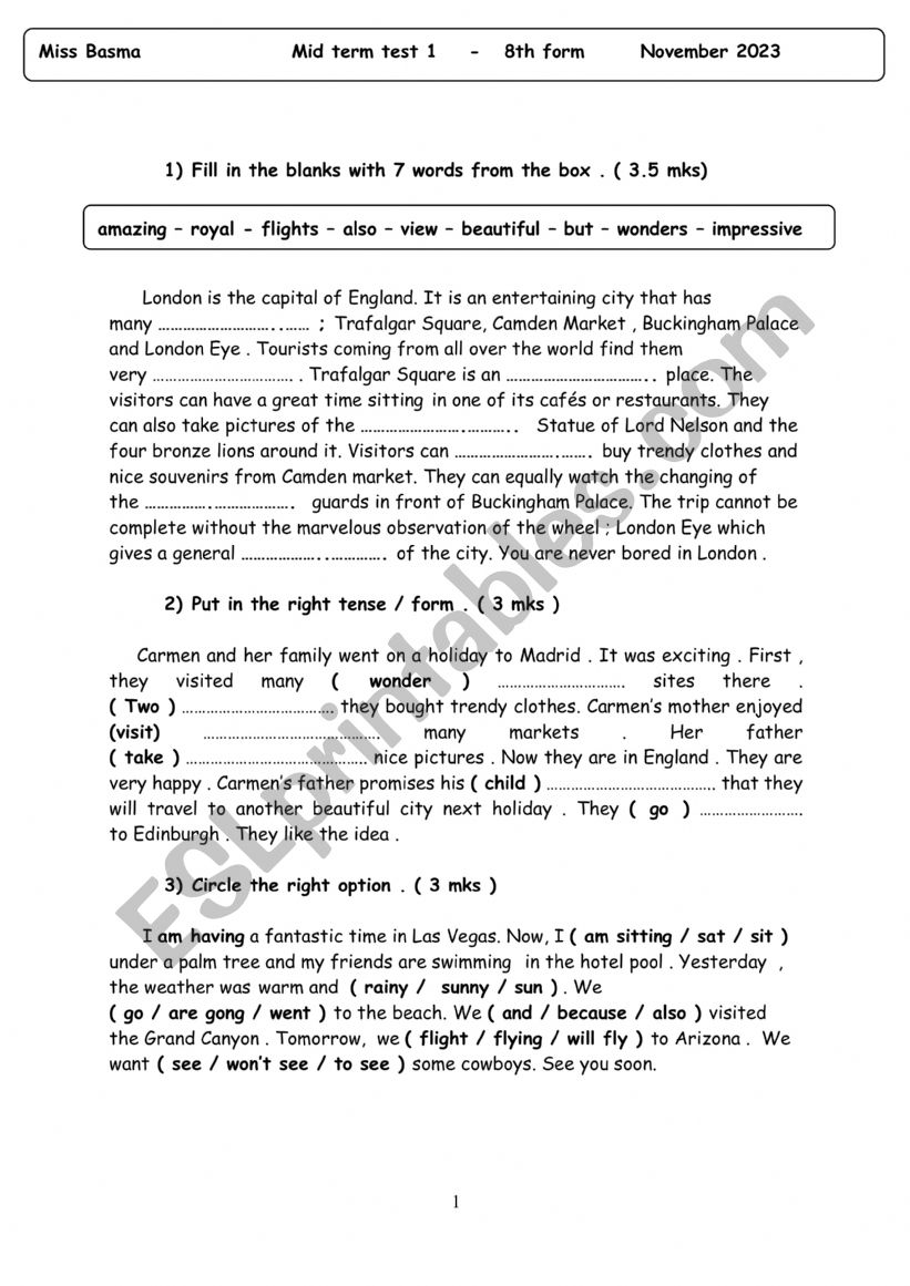 mid term test 1 , 8th form worksheet