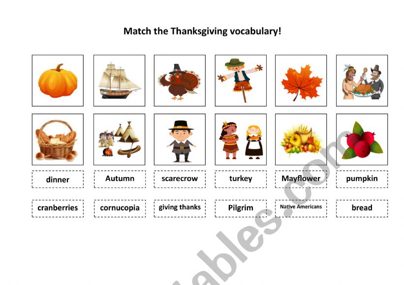 Matching Thanksgiving vocabulary