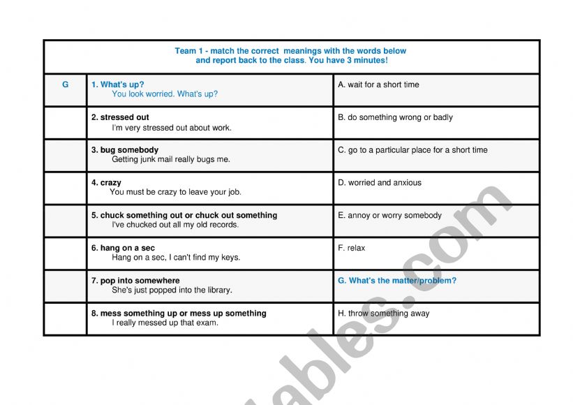 Casual Language Match worksheet