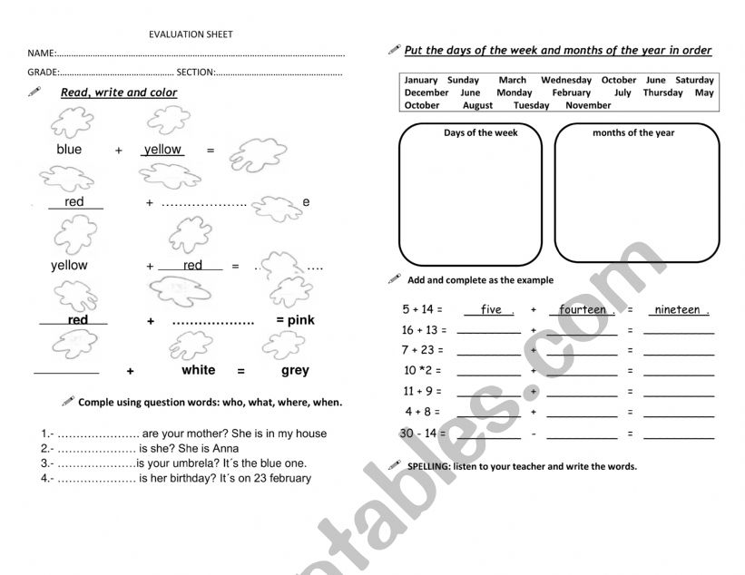 colours, numbers  worksheet