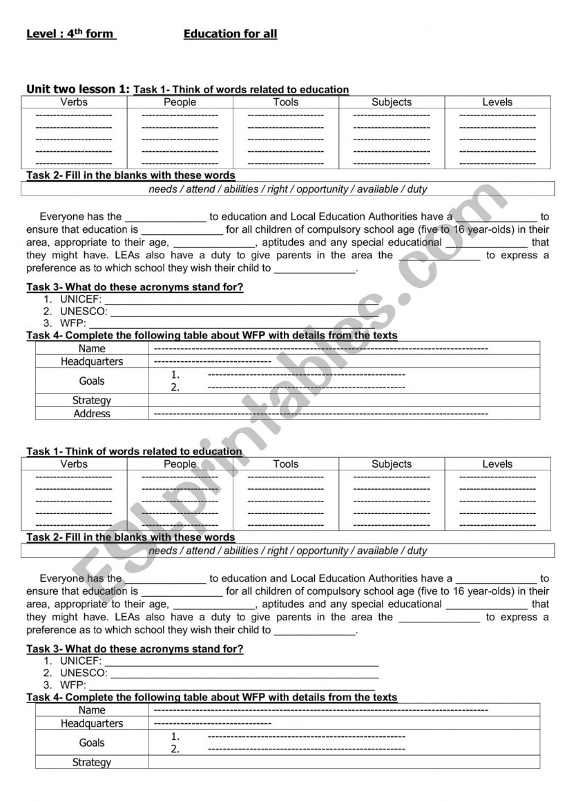 Educatin for all worksheet